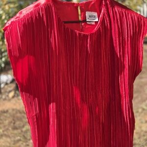 Red Pleated Cap Sleeve Blouse